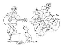 a man riding a bike while holding a guitar next to a dog