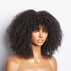 Ready To Go Bouncy Jerry Curl Glueless Minimalist Lace Wig With Bangs – Luvme Hair Lace Wig With Bangs, Jerry Curl, Afro Curls, Short Afro, Short Human Hair Wigs, Human Hair Color, Natural Human Hair, Natural Wigs, Curl Styles