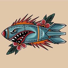 a drawing of a fish with flowers on it's head and teeth in its mouth