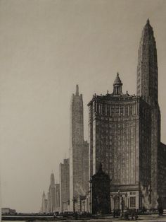 a black and white photo of an old building in the city with skyscrapers behind it