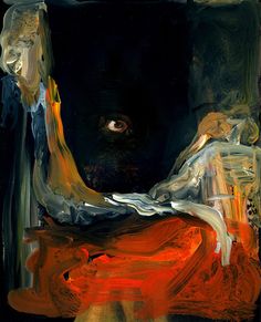 an abstract painting of a man's face and hands