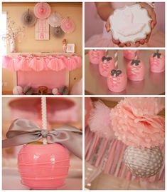 a collage of pink and gray items including cake, cupcakes, candy bar, baby's first birthday party