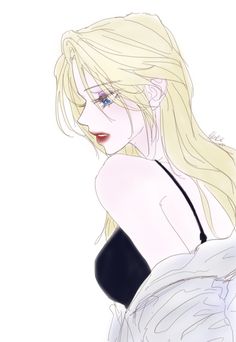 a drawing of a woman with long blonde hair and blue eyes wearing a black dress