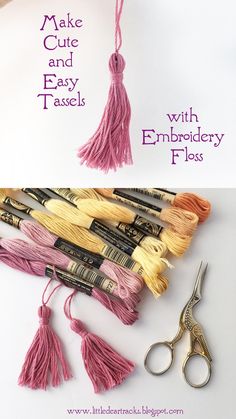 scissors, thread, and other crafting supplies laid out on a white surface with the words make cute and easy tassels