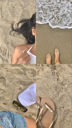 a woman laying on top of a sandy beach next to the ocean with her feet in the sand