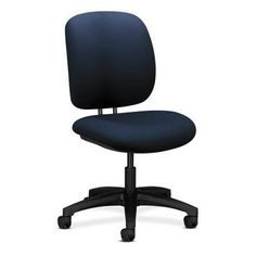 a black office chair with wheels on an isolated white background, viewed from the front