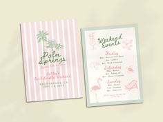 two pink and green wedding cards with palm trees on the front one has a flamingo