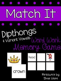 a purple and black poster with words that read match it, dipthongs and word work memory game