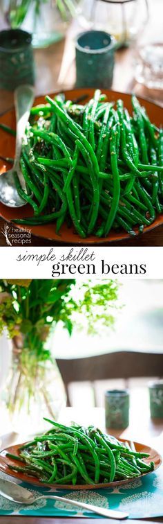 green beans are sitting on a plate next to a glass vase filled with water and flowers