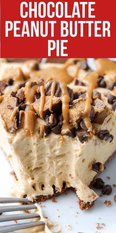 chocolate peanut butter pie on a plate with a fork