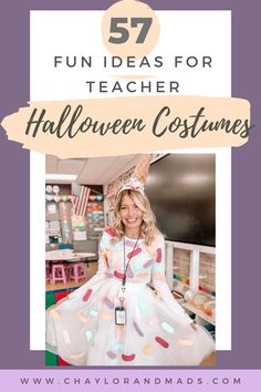 a girl in a white dress with the words fun ideas for teacher halloween costumes