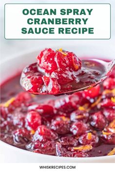 a spoon full of cranberry sauce with text overlay that reads ocean spray cranberry sauce recipe