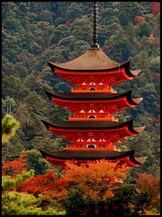 a tall red pagoda in the middle of trees with fall foliage around it and mountains in the background