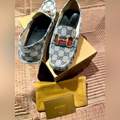 Original Box With Dust Bags. Worn Only Inside. Denim With Gucci Logo. Gucci Denim, Shoes Gucci, Gucci Logo, Gucci Shoes, Moccasins, Original Box, Dust Bag, Color Blue, Gucci