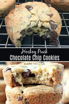 chocolate chip cookies stacked on top of each other with the words hockey puck above them