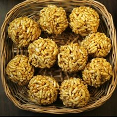 a wicker basket filled with small balls of rice krispy kreme treats