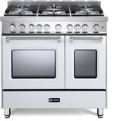 an oven with four burners and two doors on the front, in stainless steel