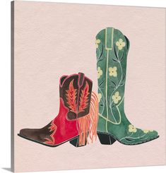 three pairs of cowboy boots painted in watercolor and ink on paper, each one has a different color scheme