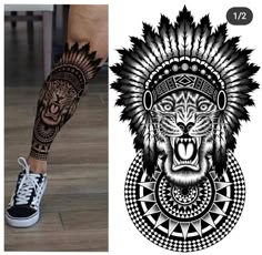 a person's legs with tattoos on them and an image of a wolf head