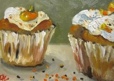 two cupcakes with white frosting and fruit on top are shown in this painting