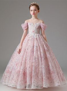 Princess Dresses Kids Ball Gowns, Kids Gown Design, Girls Frocks Design, Princess Dresses Kids, Pink Dresses For Kids, Sequin Flower Girl Dress, Girls Ball Gown, Female Pose, Pink Ball Gown