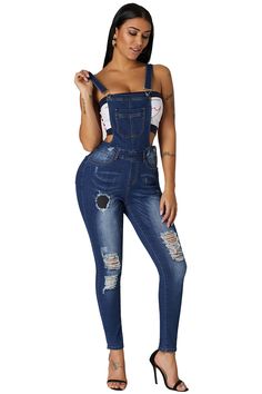 Dark Blue Wash Distressed Denim Overall Overalls Fashion, Stylish Jeans, Corduroy Skirt, Jeans Material, Denim Overalls, Plus Size Jeans, Denim Outfit, Lingerie Sleepwear, Club Dresses