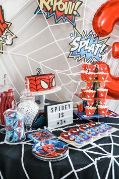 Spider-man 3rd birthday party decor cake boy dessert Spiderman Table Set Up, 3rd Superhero Birthday Party, Two Year Old Spiderman Party, Batman And Spiderman Birthday Party, Amazing Spiderman Birthday Party, Spiderman Birthday Party Table Decor, Boho Spiderman Party, 2nd Spiderman Birthday, Modern Spider Man Birthday Party