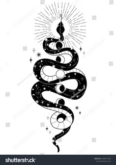 a black and white drawing of a snake with stars on it's head, in the shape of a christmas tree