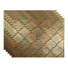 five pieces of copper and green tile on a white background, each with an intricate design