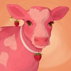 a painting of a pink cow with two strawberries on it's neck