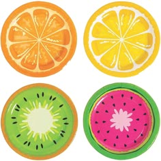 four paper plates with slices of fruit on them