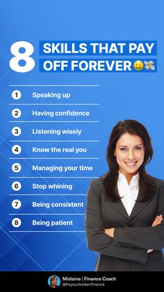 a woman with her arms crossed in front of the text 8 skills that pay off forever