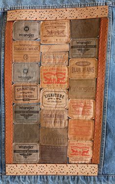 an old pair of jeans with different types of labels on the back pocket and inside pockets