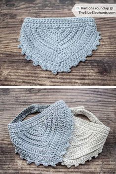 two crocheted bags sitting on top of a wooden table next to each other