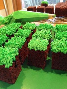 green frosted cupcakes sitting on top of a table