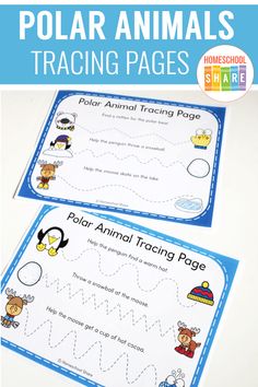 two polar animals worksheets with the text polar animals traceing pages on them