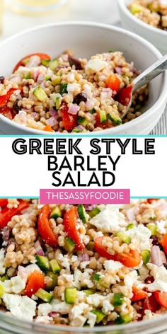 greek style barley salad with tomatoes, cucumbers and feta cheese in a white bowl