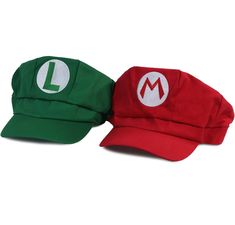 two hats with mario and luigi logos on the front, one green and one red