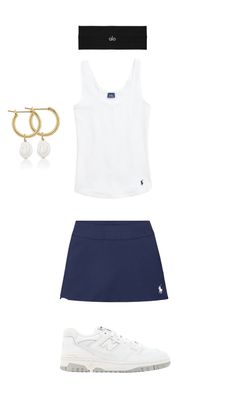 two pieces of clothing including a white top, blue skirt and gold hoop earring