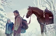 a man standing next to a brown horse in the snow with a backpack on it's back