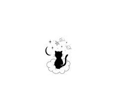 a black cat sitting on top of a cloud with stars and moon in the sky