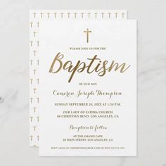 I know the importance of the baptism of your child. This event is something to be cherished and celebrated. I've designed this White and Gold, modern Baby boy Baptism Invitation using faux gold for the "Baptism" script and cross. Stylish script fonts in an easy to use template, Personalize this invitation for your son's blessed Christian day. Elegant cross patter on the back. Baptism Invitation, Baptism Invitations