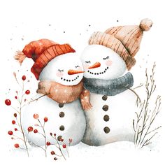 two snowmen with hats and scarves hugging each other in the snow, watercolor on paper