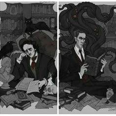 two black and white illustrations of men in suits sitting at a table with books on it