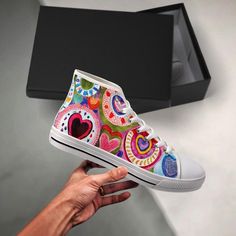 If you love nice vibrant sneakers, you'll be very happy in these retro heart high tops, inspired by the converse style women's sneakers. Perfect Christmas gift for any season and sure to put a smile on your face every time you wear them. These are a custom designs and are NOT MADE by anyone else. Great quality; * Rubber sole with good grip. * Canvas upper lining construction with EVA padded insoles. * Complete with metal eyelets and a lace up closure for a classic look. * Perfect for every seaso Converse Style Women, Retro Heart, Style Converse, Converse Style, Shoe Design, Painted Shoes, Best Christmas, Converse High Tops