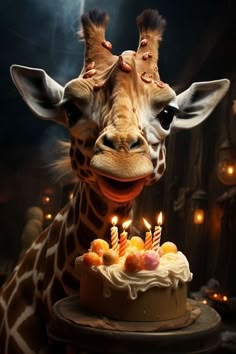 a giraffe sticking its head over a cake with candles