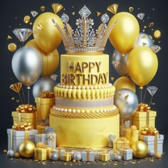 a birthday cake surrounded by gold and silver balloons, presents and confetti on a black background