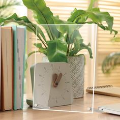 a clock sitting on top of a desk next to a plant