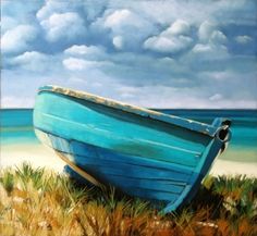 a painting of a blue boat sitting on top of a grass covered field next to the ocean