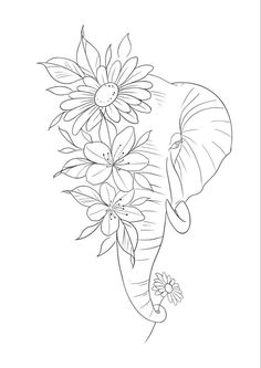 an elephant with flowers on it's trunk is shown in this coloring book page